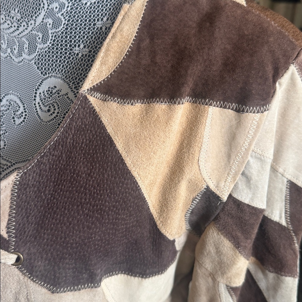 Geometric Patchwork Genuine Leather Open Jacket. … - image 3